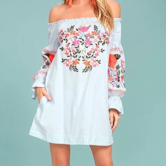 Free People Fleur De‎ Jour Floral Embroidered Dress in Light Blue, Size XS